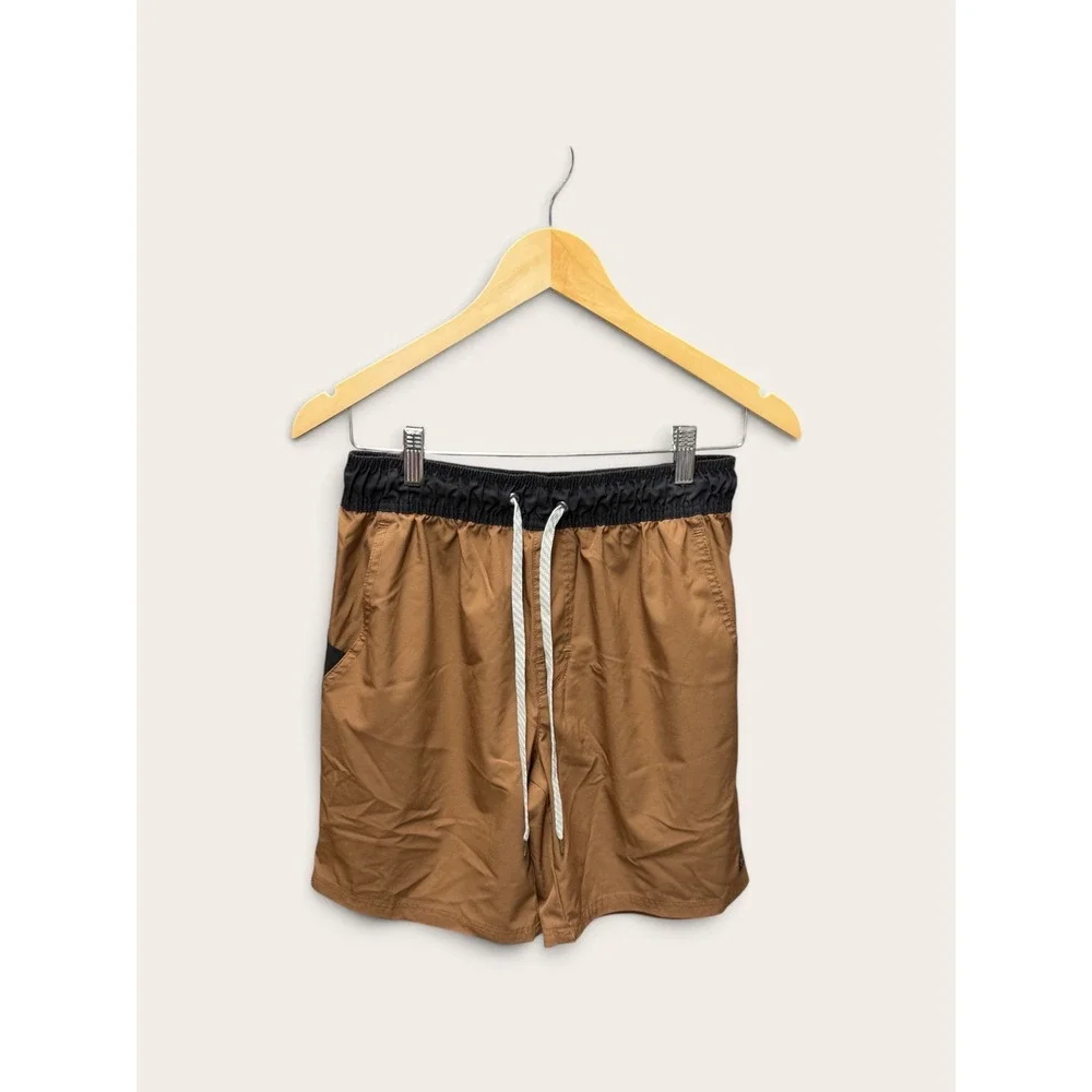 Leg3nd Discovery Mens Swim Trunks Brown Black Elastic Waist Drawstring Size M